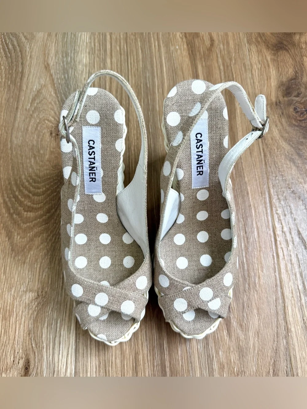 Castañer Polka Dot Wicker Wedge Slingback Sandals US 7